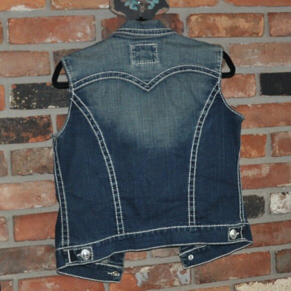 True Religion Blue Denim Sleeveless Jacket Jean Vest Emily Big T Bold Stitch L - Picture 3 of 7